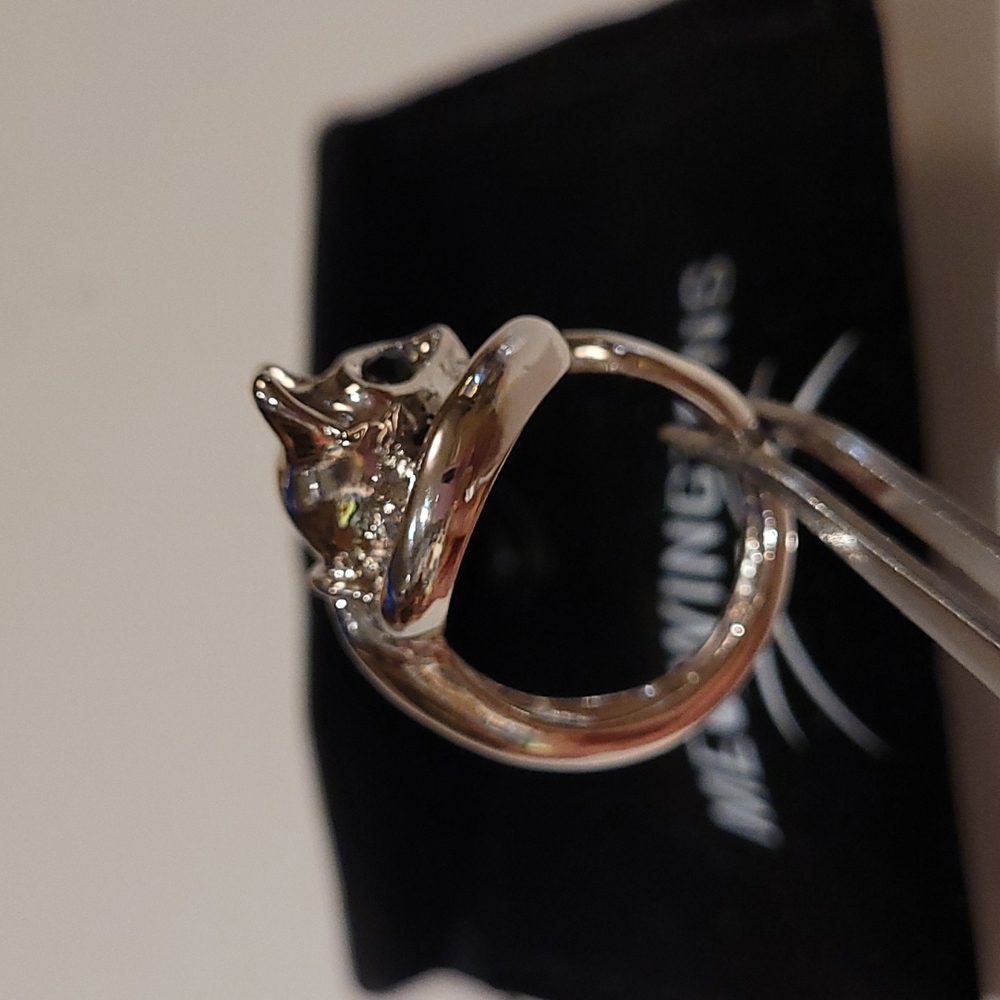 NWT #(2)Cute  Meowingtons cat Wrap Ring Black CZ Eyes glossy silver plate sz 8